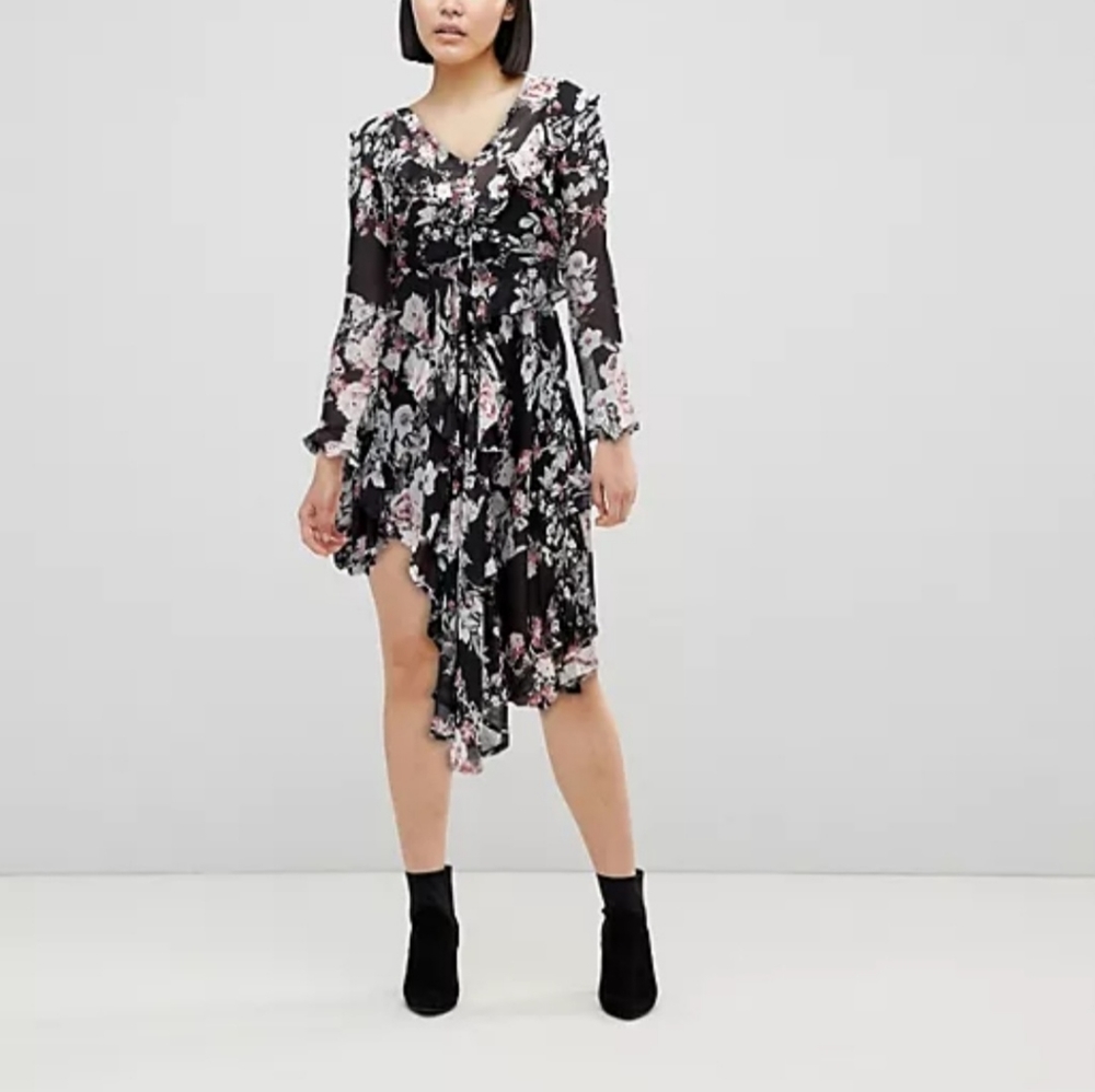Miss guided asymmetrical black floral ruffled open back Feminine Fawn Boho Dress